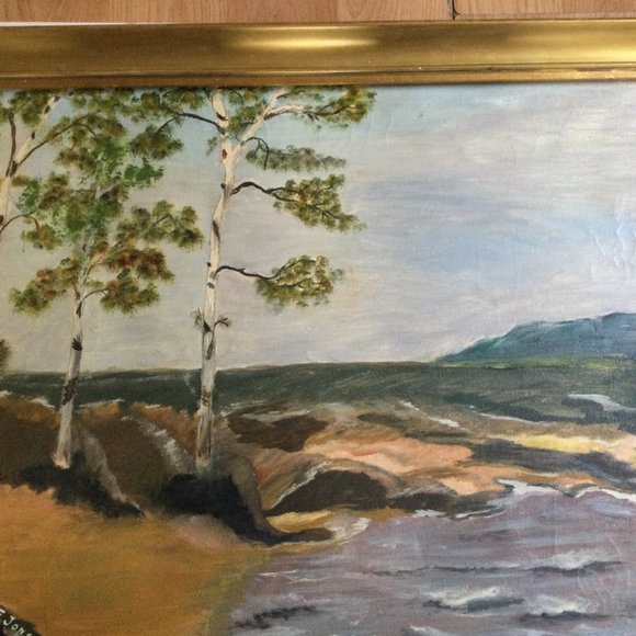Vintage original oil painting by F.Josson 27" x 21" landscape ocean wooden frame - Picture 2 of 7